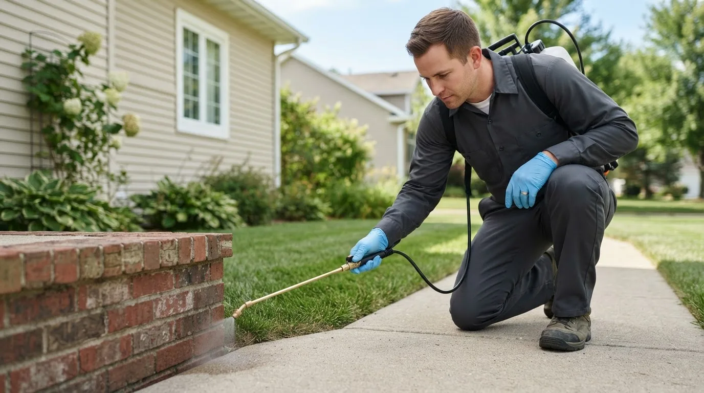 Pest control technician treating a home near Hidalgo, TX